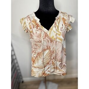 DR2 Office Preppy Womens Printed Flutter Sleeve VNeck Business Casual Blouse Top